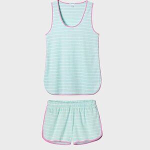 Lake Pima Tank Short Set Striped Mint Pink Trim Size Medium loungewear cozy chic